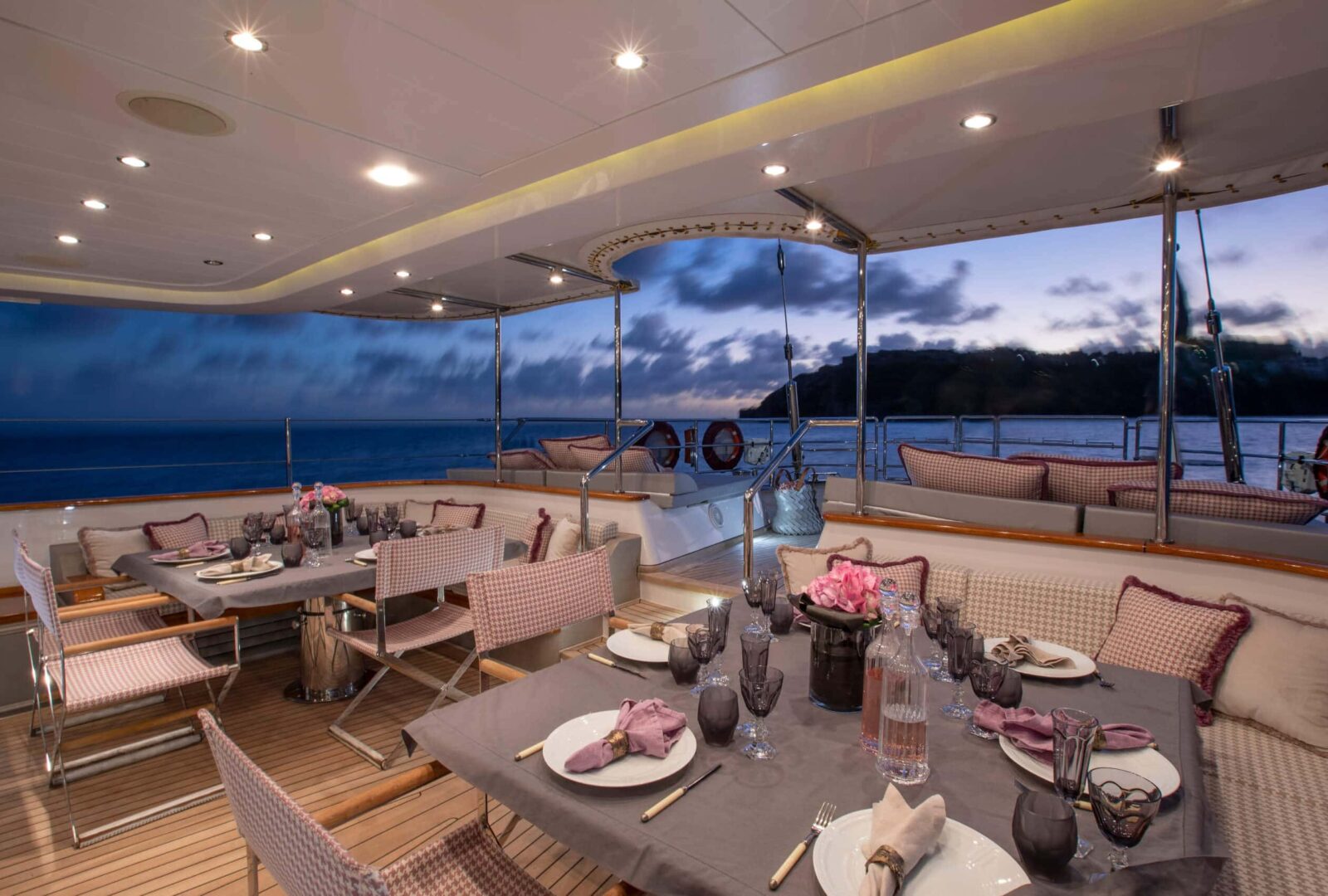 BLUSH luxury superyacht charter deck dinning night