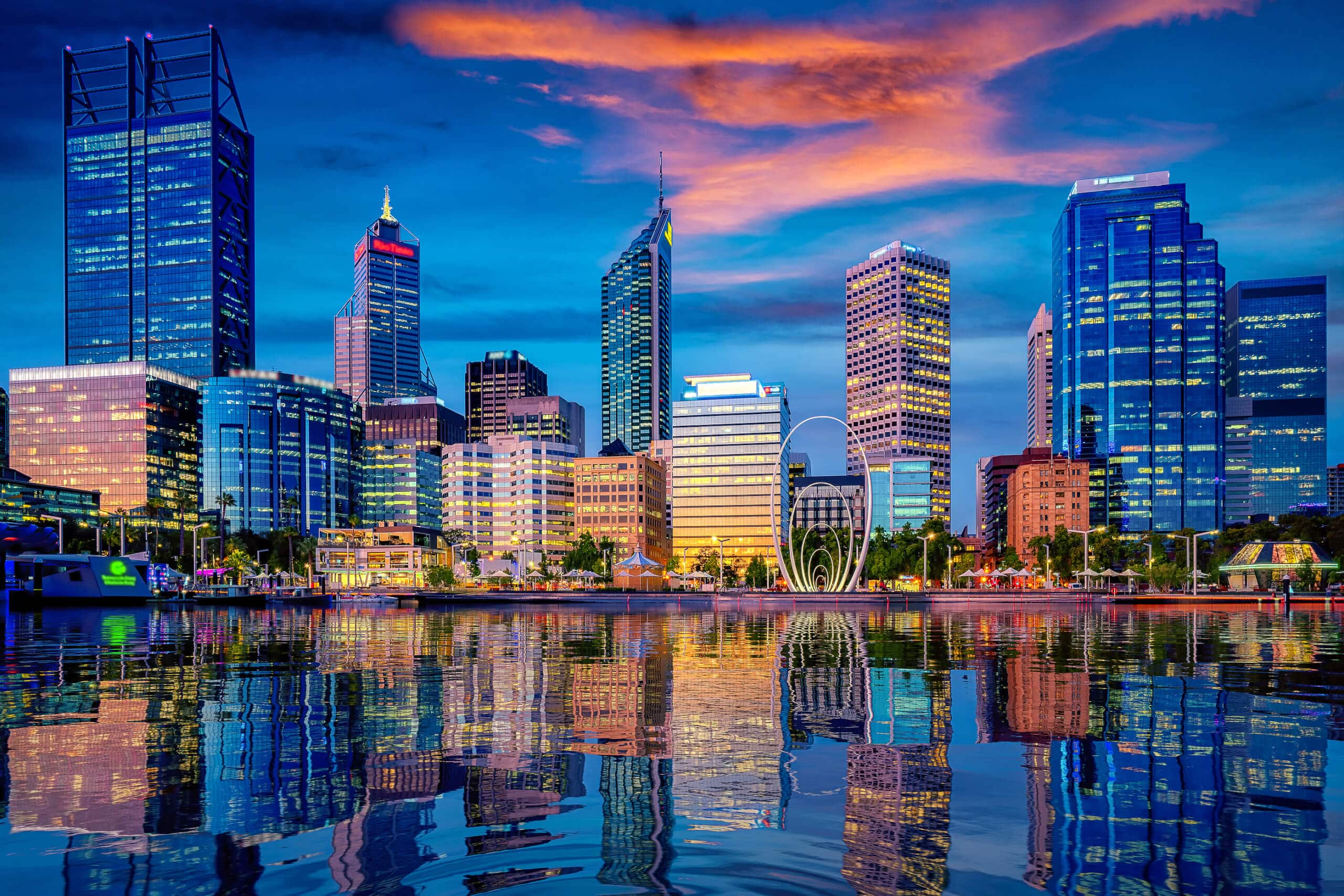 Sunset in Perth city with building and river