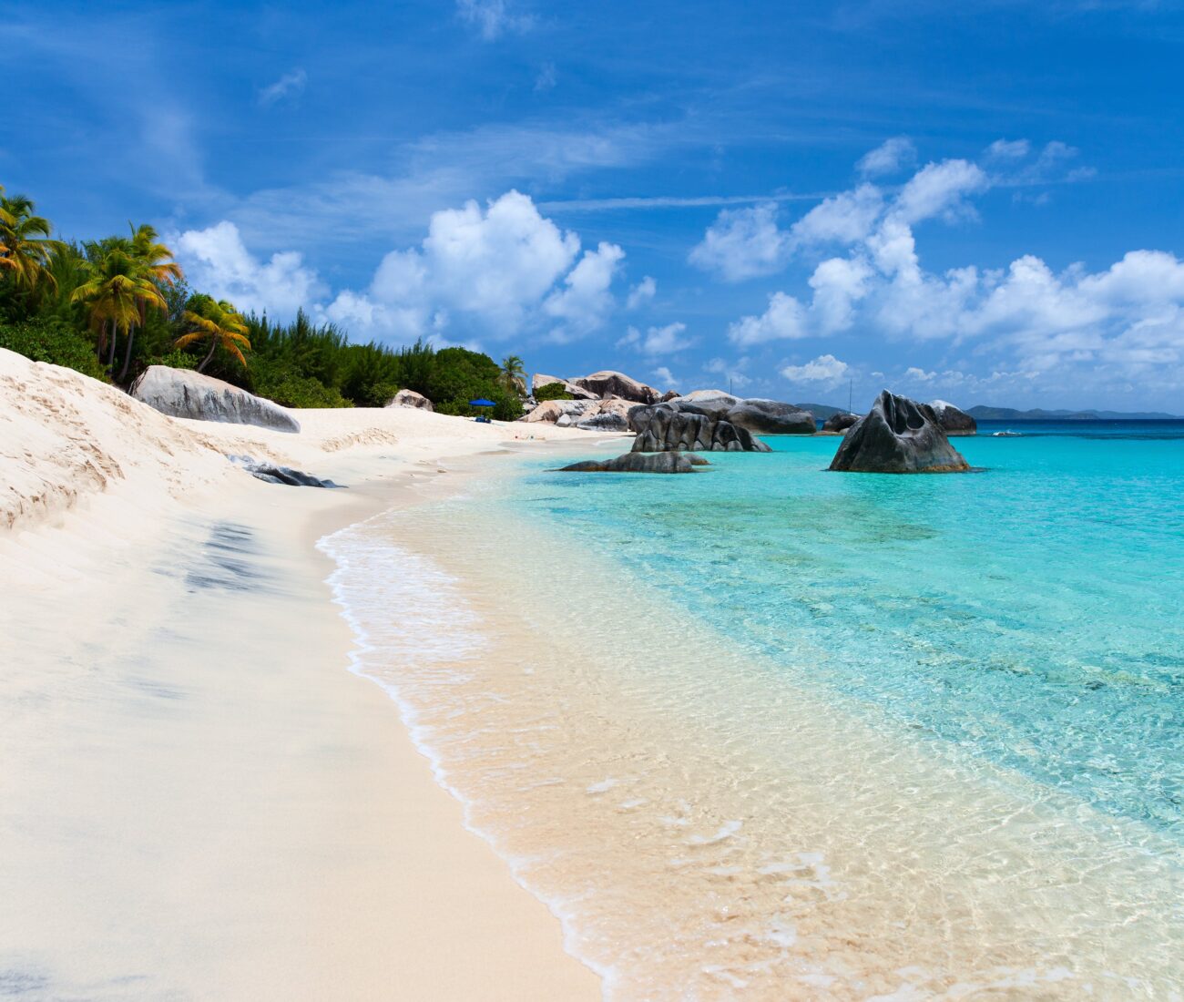 Beautiful tropical beach with white sand, turquoise ocean water and blue sky at Virgin Gorda, British Virgin Islands in Caribbean