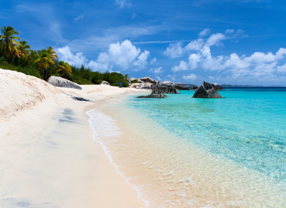 Beautiful tropical beach with white sand, turquoise ocean water and blue sky at Virgin Gorda, British Virgin Islands in Caribbean