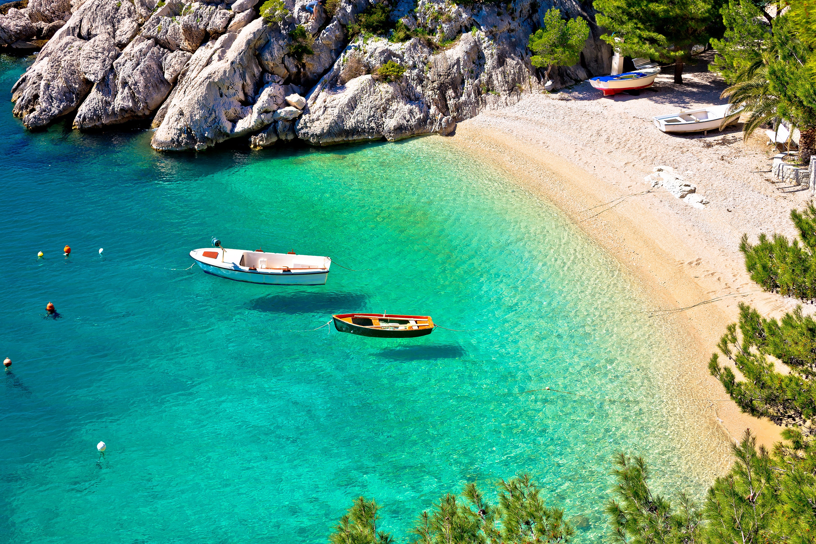 Idyllic beach Punta Rata in Brela aerial view, Makarska riviera of Dalmatia, on a superyacht charter in Croatia