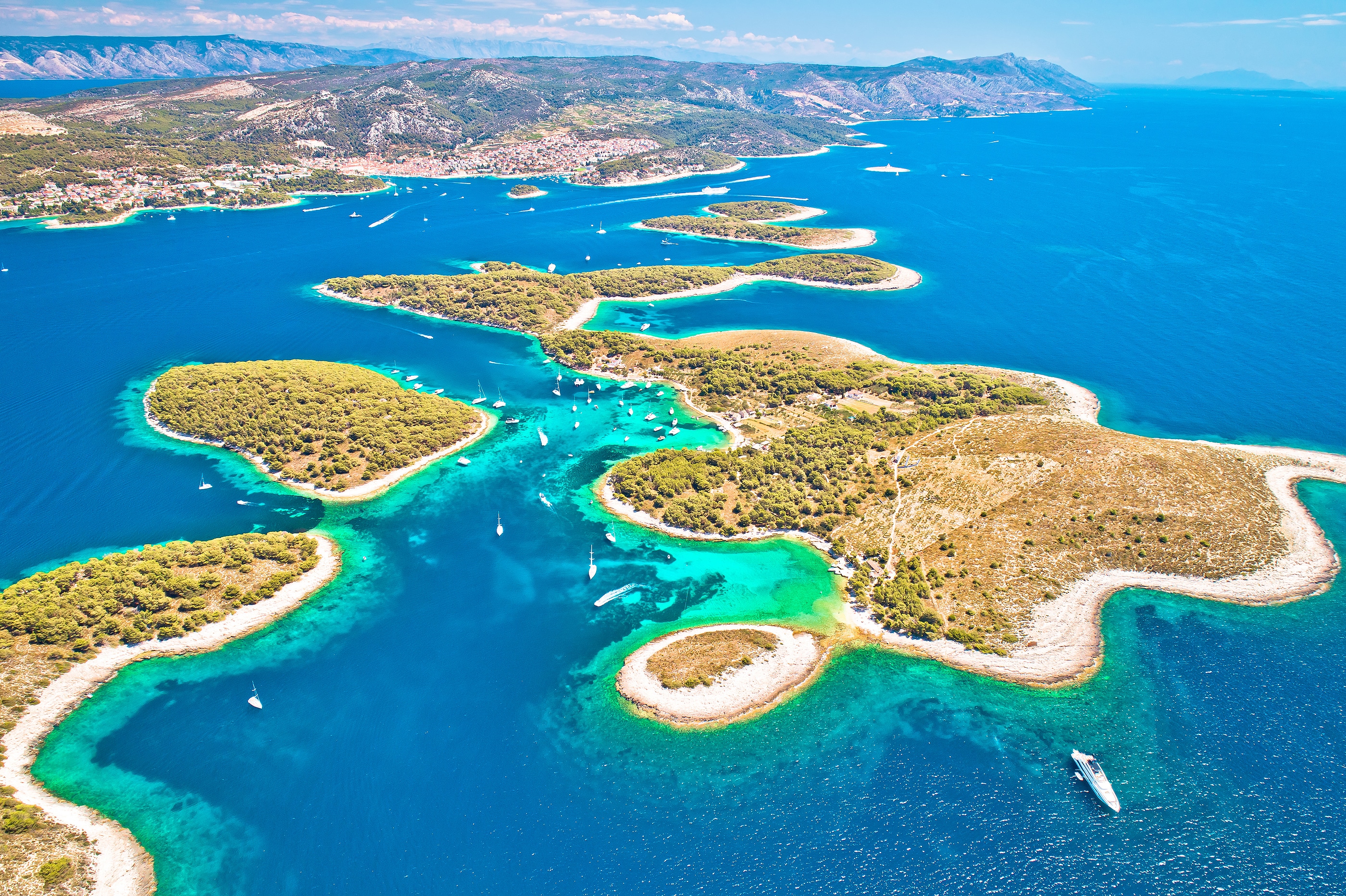 Pakleni otoci yachting destination arcipelago aerial view, Hvar island, Dalmatia region of superyacht charter Croatia