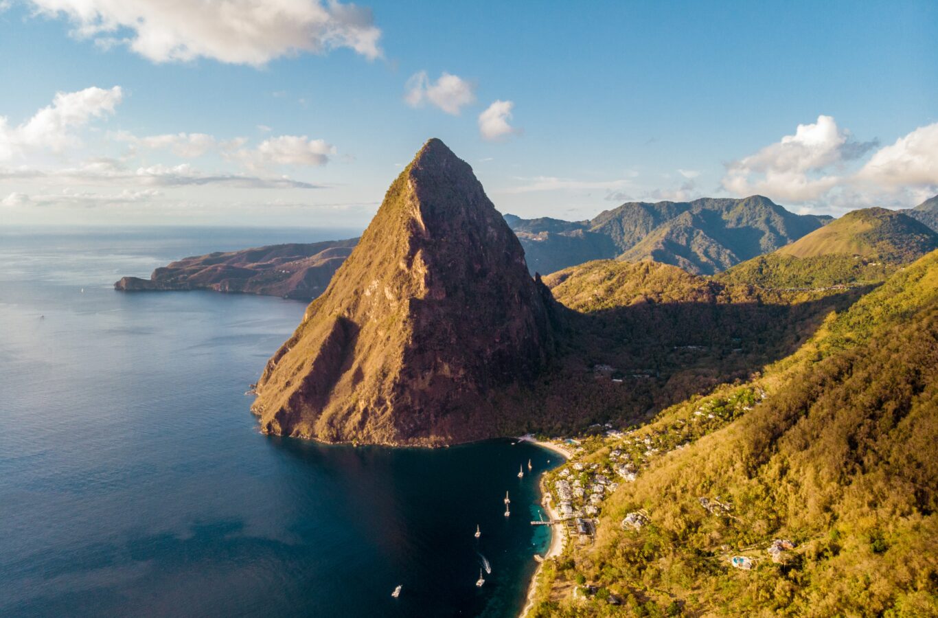 Saint Lucia Caribbean Island, huge Piton mountains at the beach of tropical Island of Saint Lucia