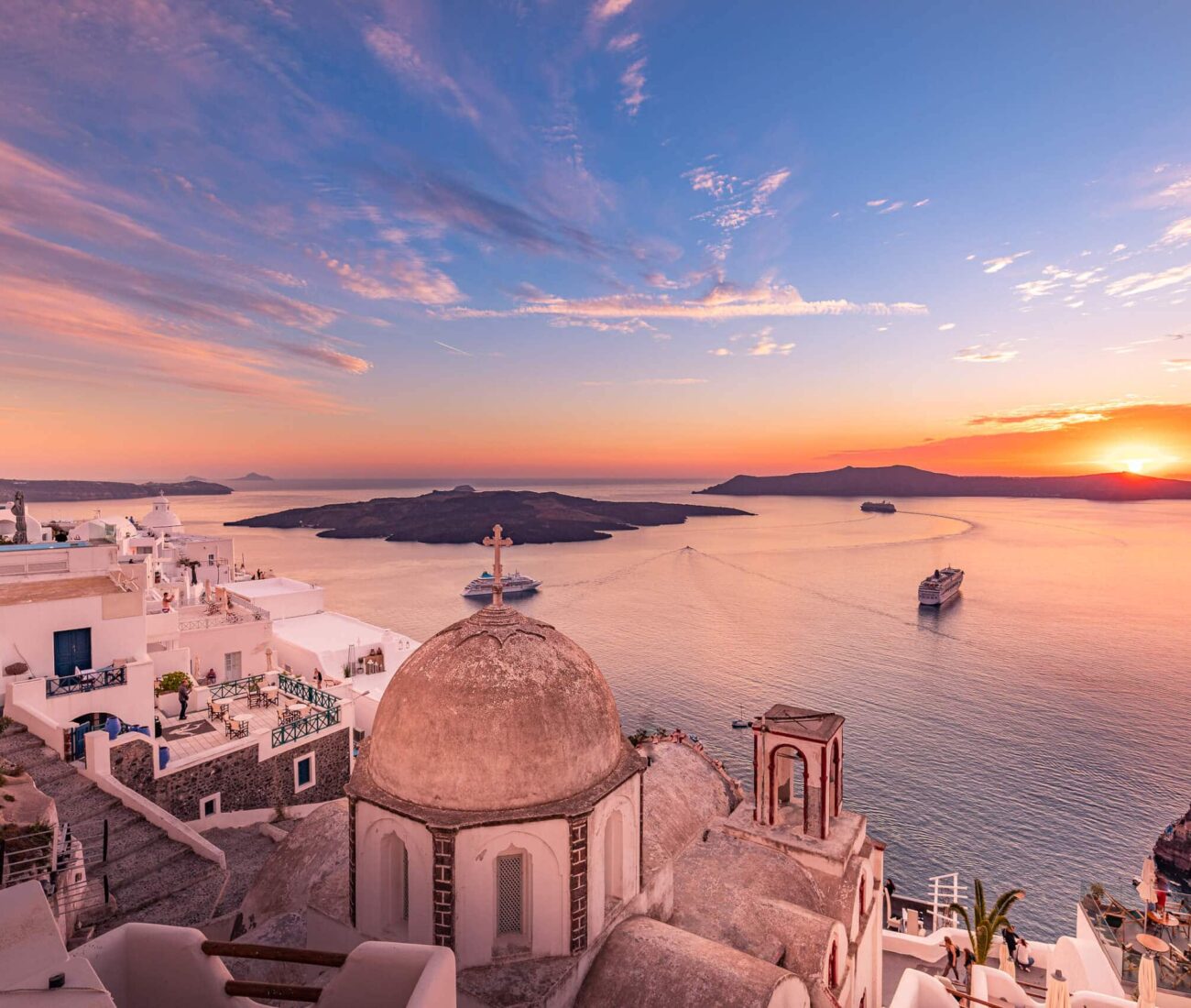 Santorini at night, after sunset, Mediterranean sea, Greece. on a superyacht charter