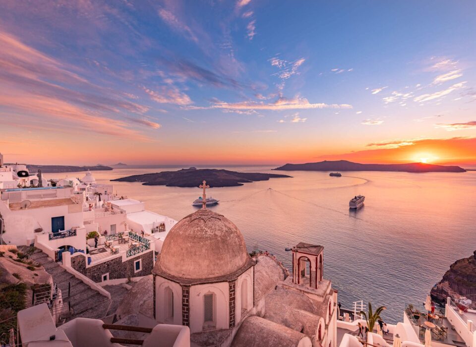 Santorini at night, after sunset, Mediterranean sea, Greece. on a superyacht charter