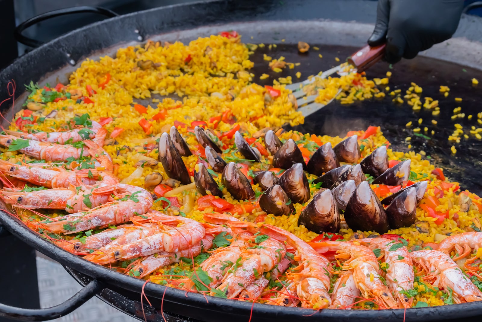 Cooked Paella With Shrimp, Mussel, Rice, Saffron