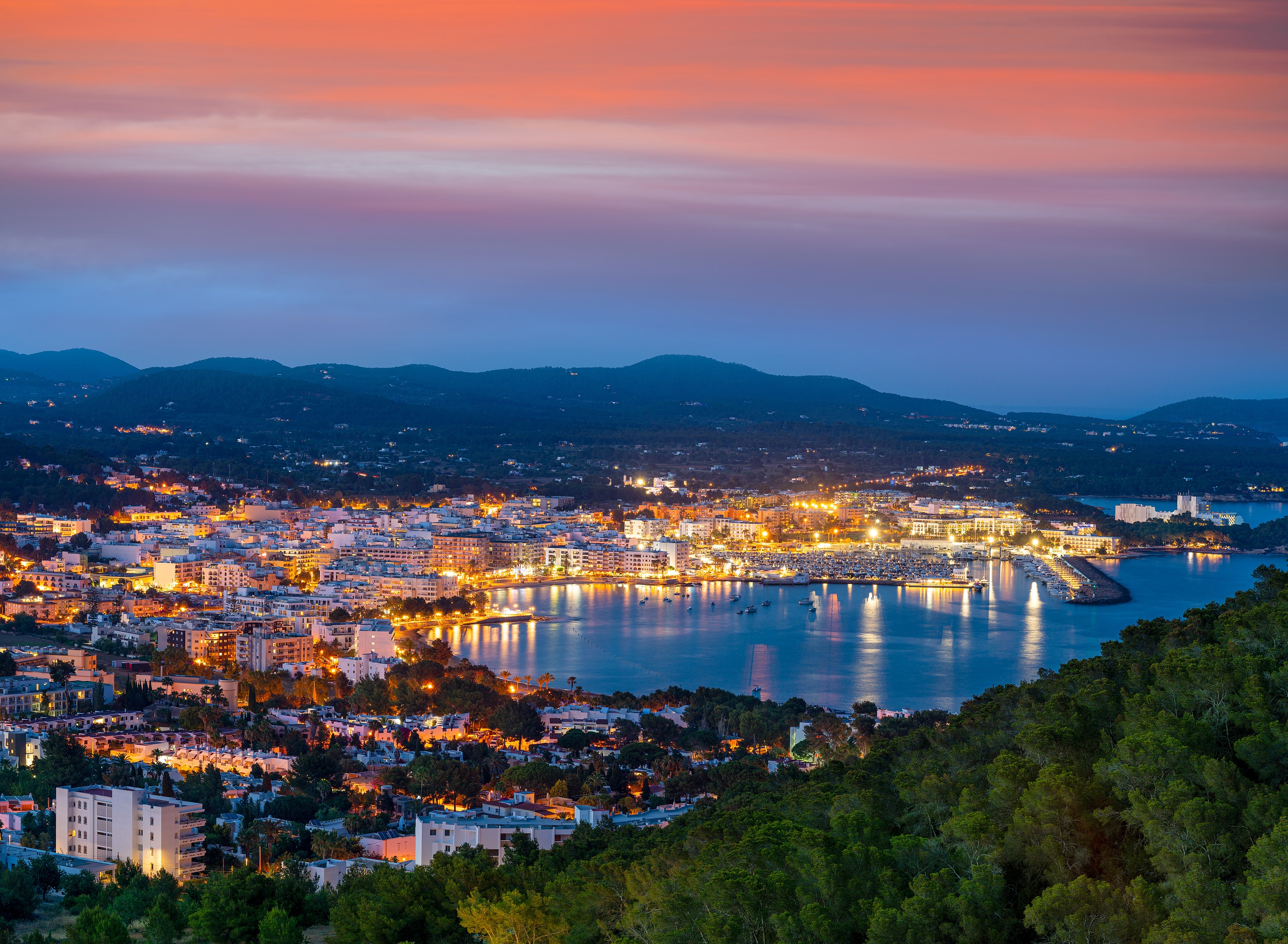 Santa Eulalia Eularia des Riu skyline sunset at Balearic Islands