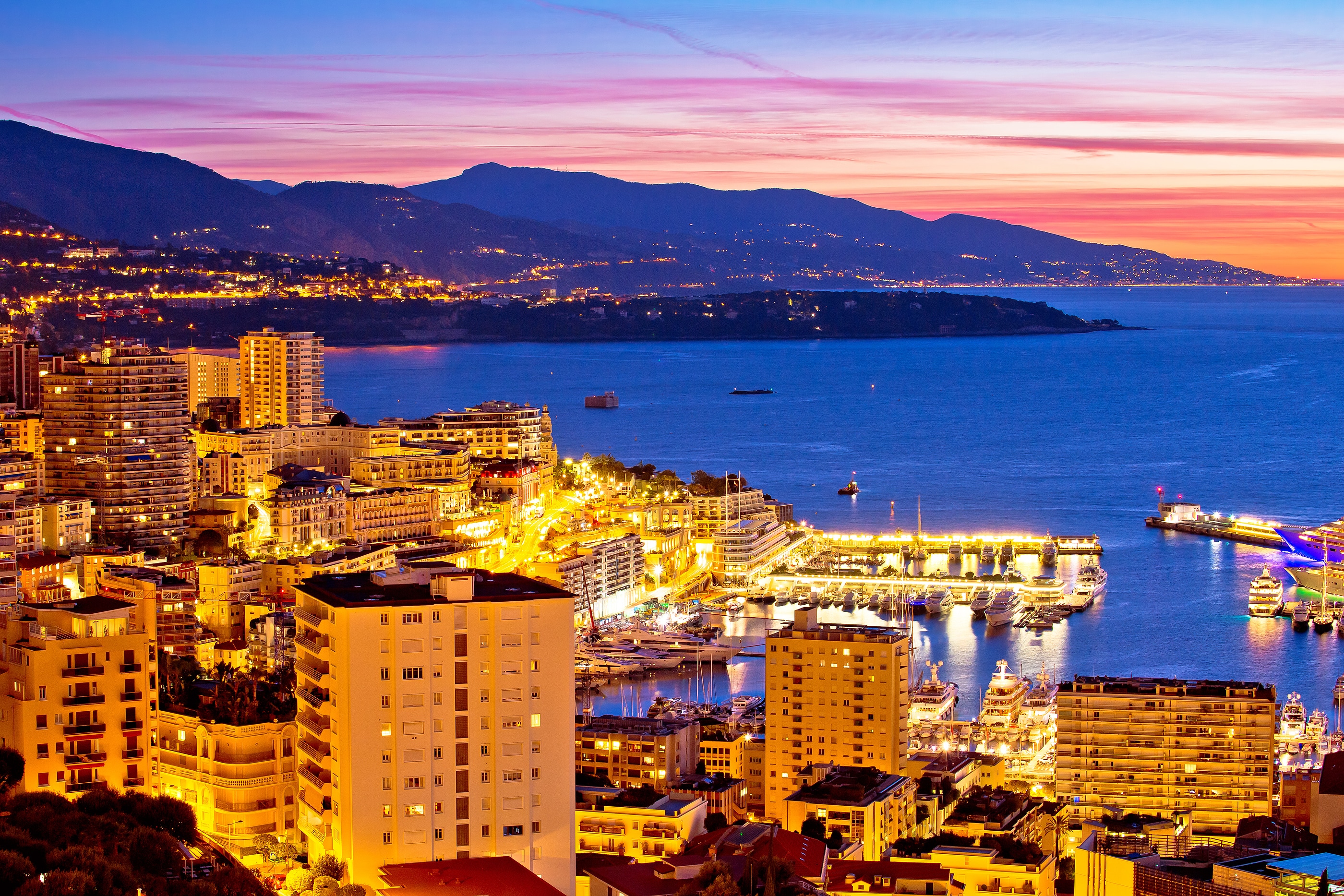 Monte Carlo cityscape colorful evening view from above