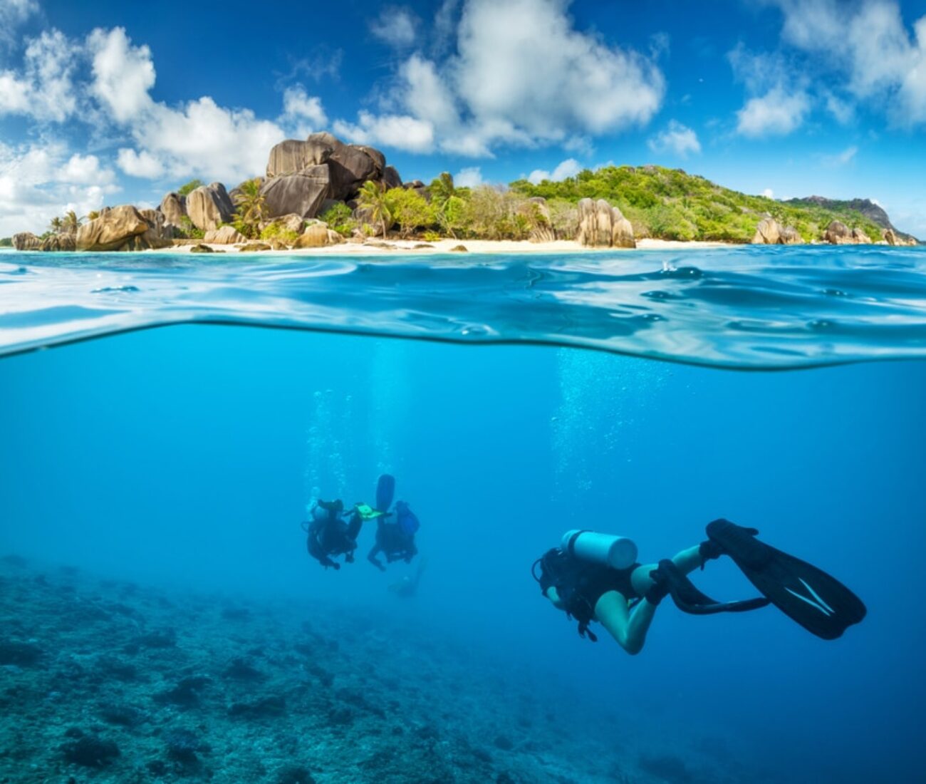 scuba diving in the seychelles' blue water