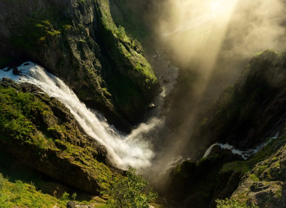 norway waterfall from helicopter